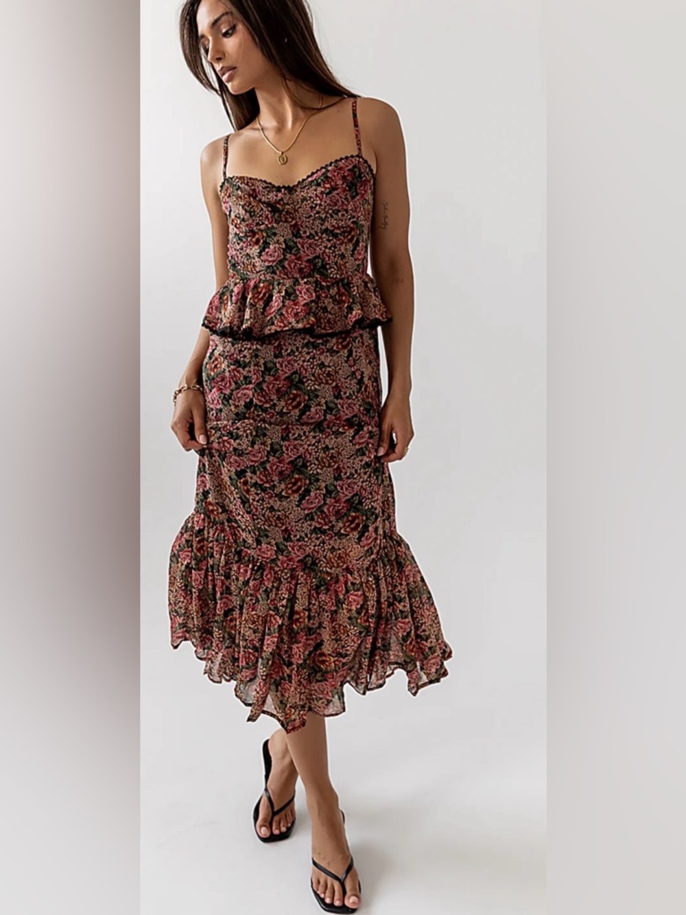 Bohme Jennie Floral Midi Dress Sweetheart Neckline  Ruffle Details Women’s S NWT